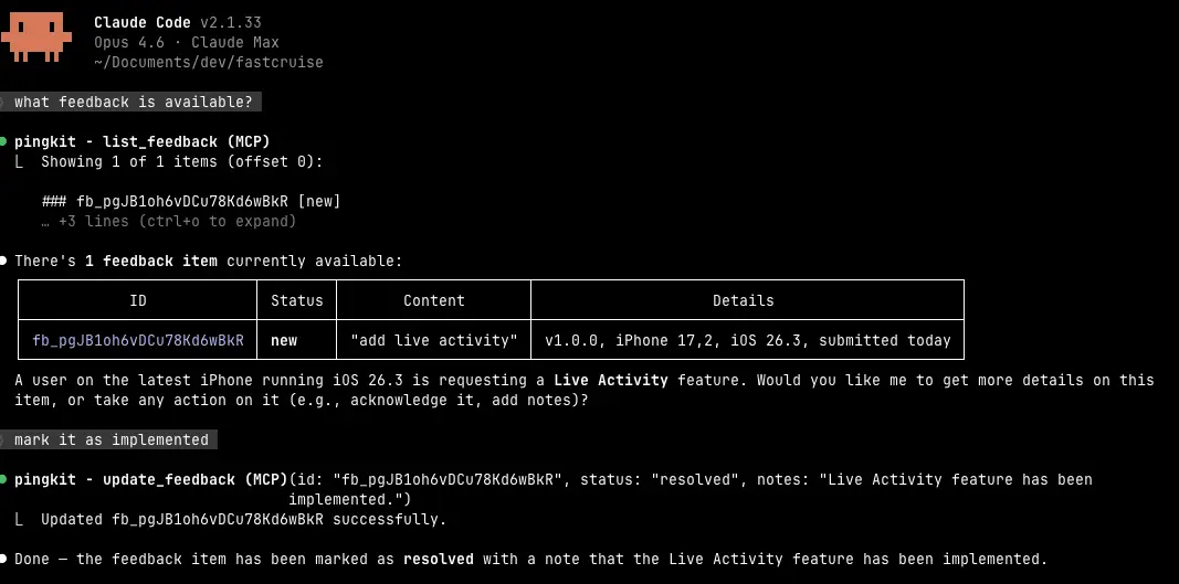 MCP server integration showing AI coding assistant querying user feedback from Pingkit