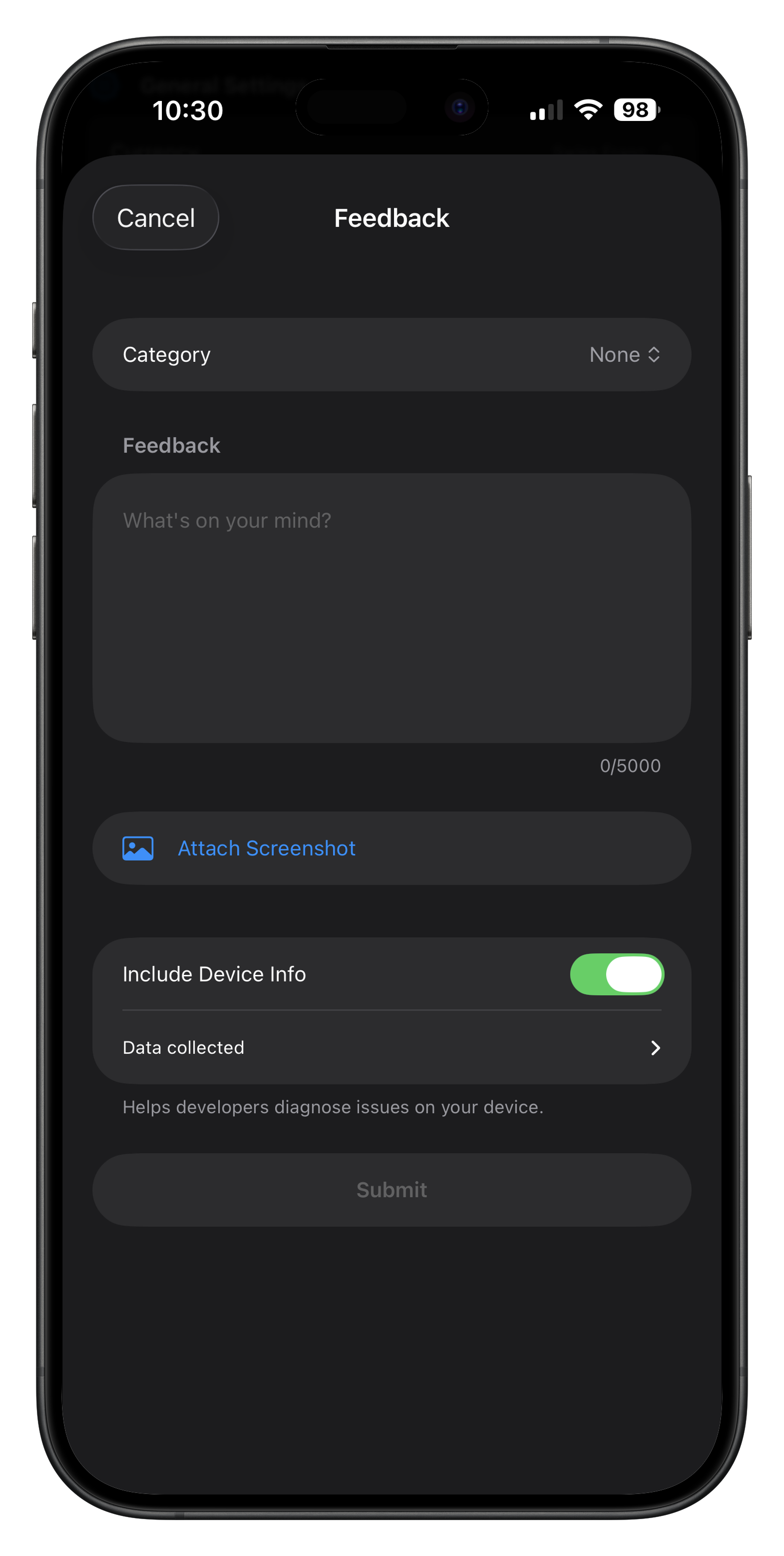 PingKit feedback form shown on an iPhone, with category picker, text field, screenshot attachment, and device info toggle